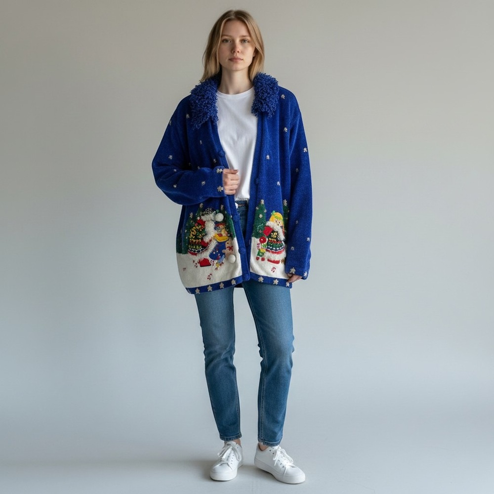 Vintage Christmas Cardigan Sweater Santa Snowman Blue Victoria Harbour L